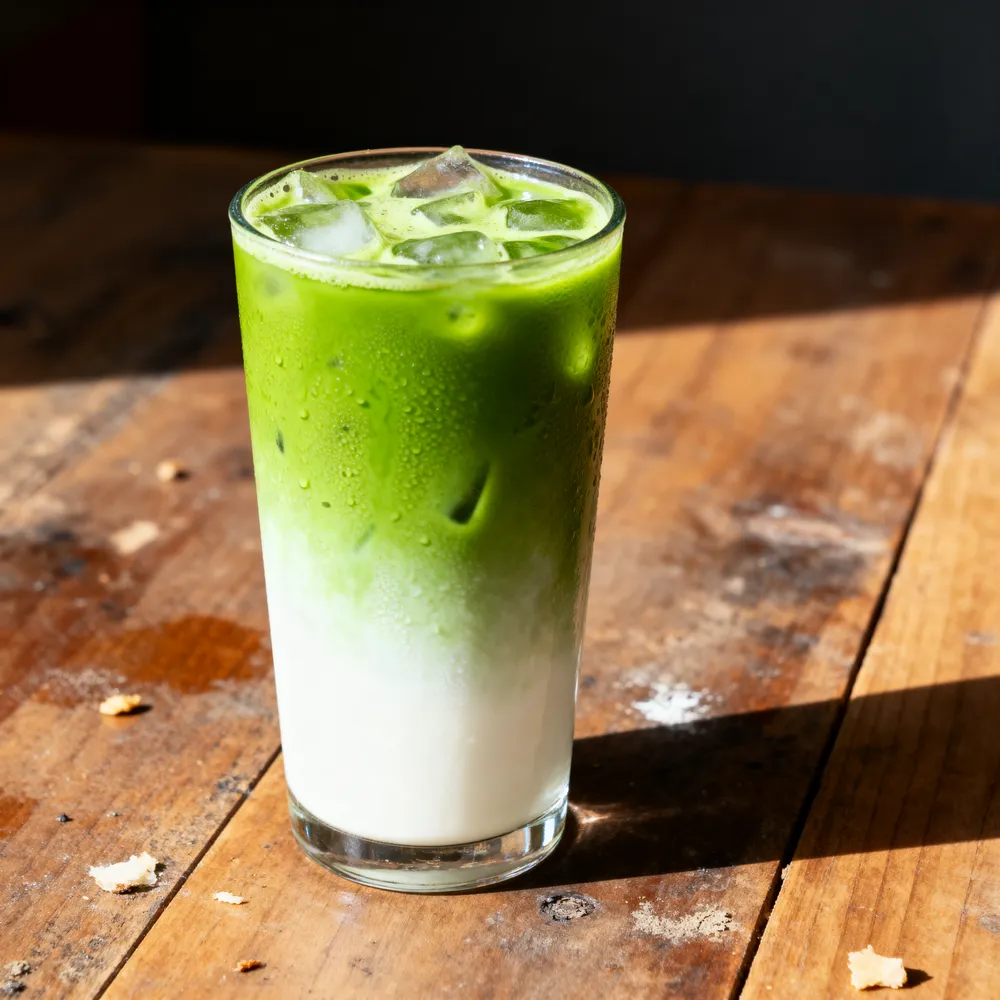 An iced matcha latte mid-pour
